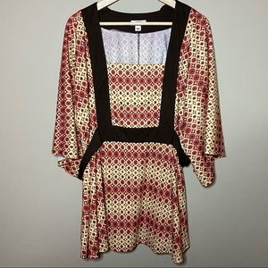 Cato Woman Top 22/24W Brown Gold Burgundy Geometric Print 3/4 Sleeve Tie Waist